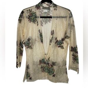 VTG Art to Wear Dinah Lee Floral Appliqué Chiffon Cardigan Sheer Cottage Medium